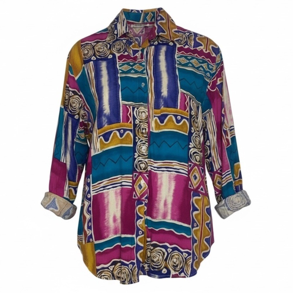 Vintage Jeri Marque Abstract Rayon Button Down Shirt Blouse Made‎ in USA Small